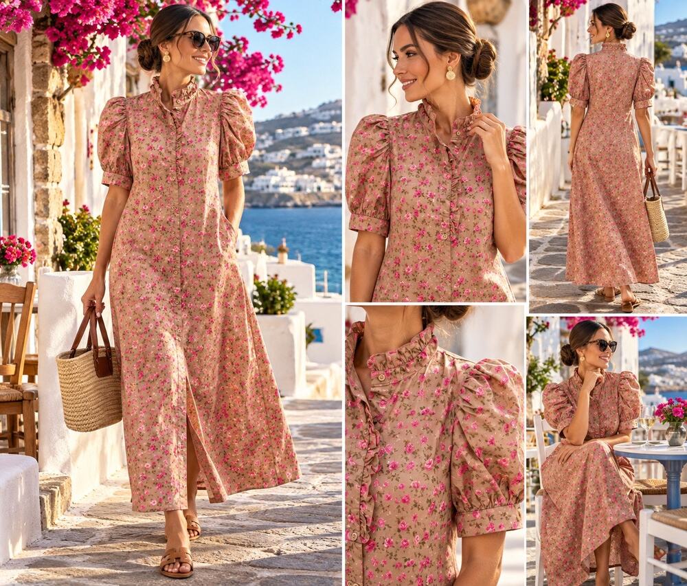 Entro 100% Cotton Floral Rose Print Puff Sleeve Ruffle Maxi Dress S NWOT